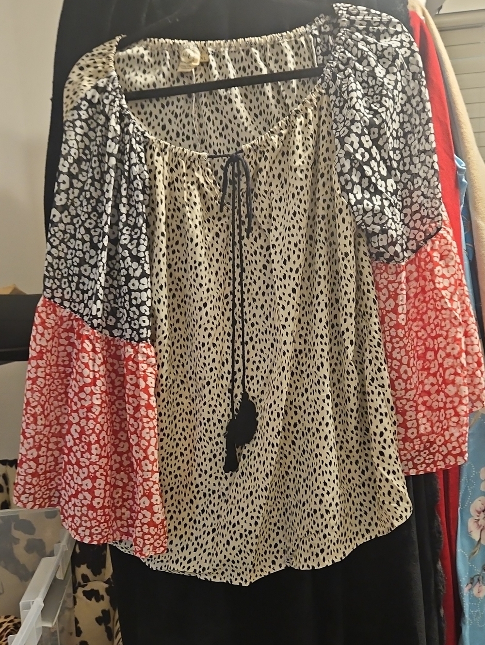 Mixed-Print Peasant Blouse in Black, Cream & Red